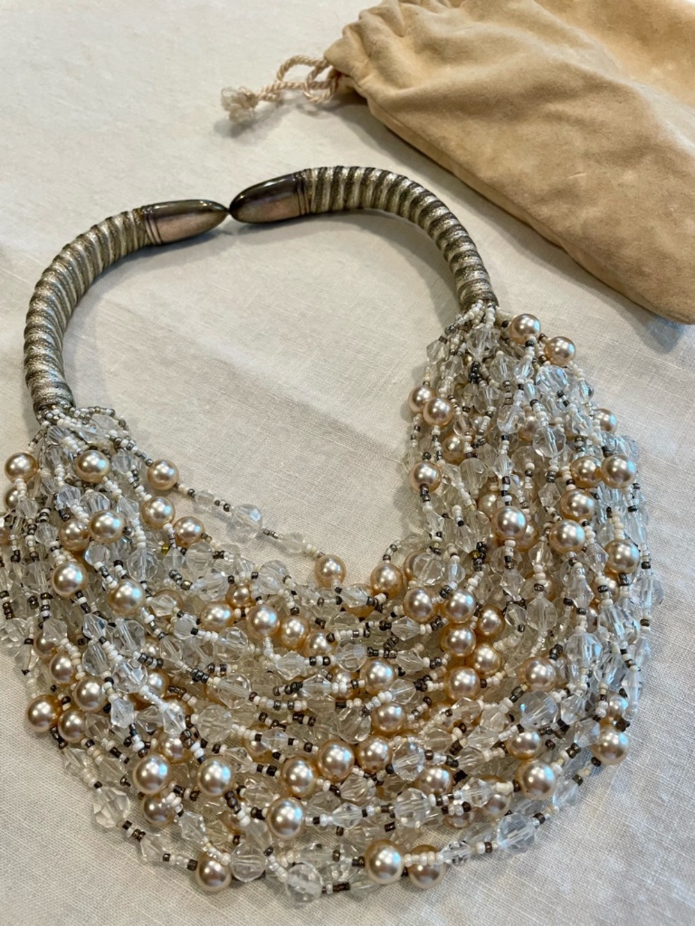 Vintage Multi-Strand Pearl & Crystal Statement Necklace - Champagne Pearls